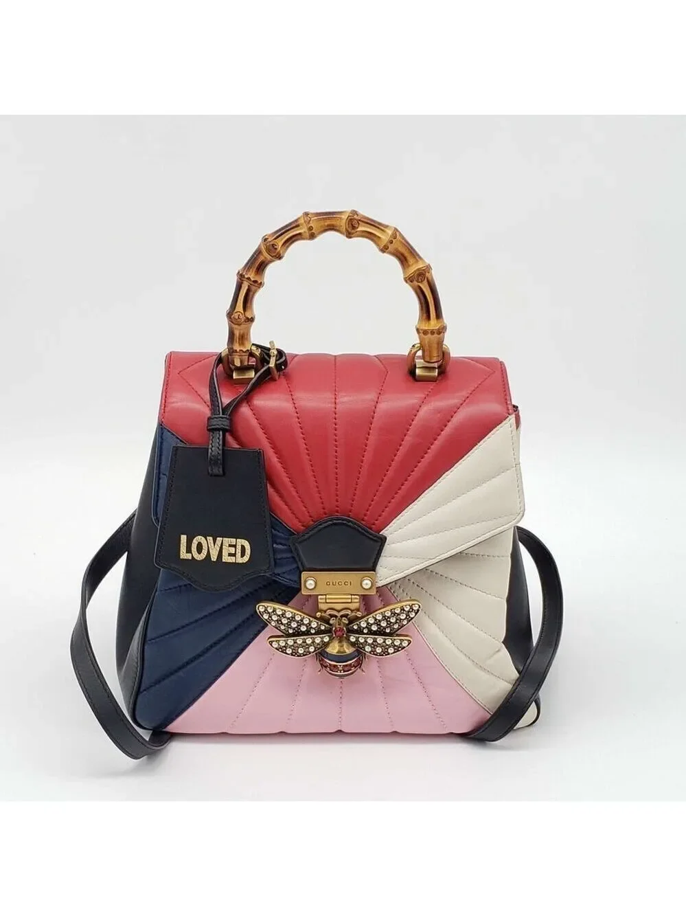 Authentic Gucci Queen Margaret Bamboo Top Handle Bag Multicolor Leather Backpack